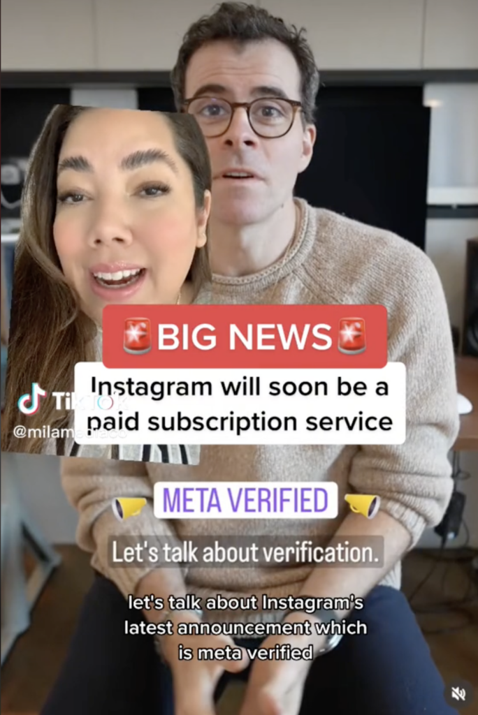 TikTok screenshot from MILA MEDIA CO. that reads: BIG NEWS Instagram will soon be a paid subscription service. META VERIFIED 